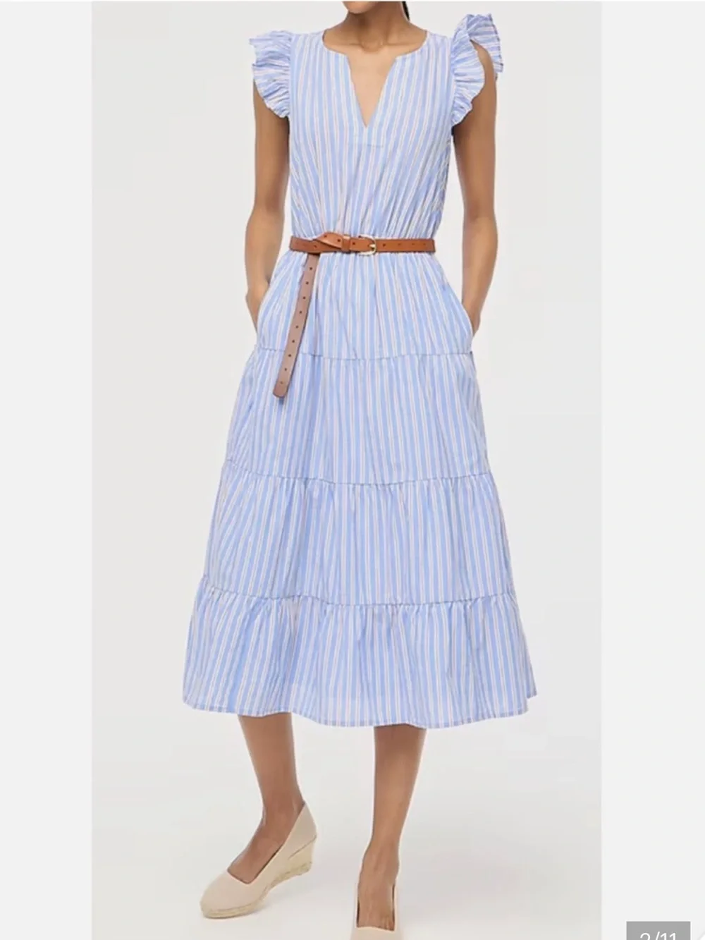 J. Crew V-Neck Cotton Ruffle Cap Sleeve Tiered Striped Midi Dress